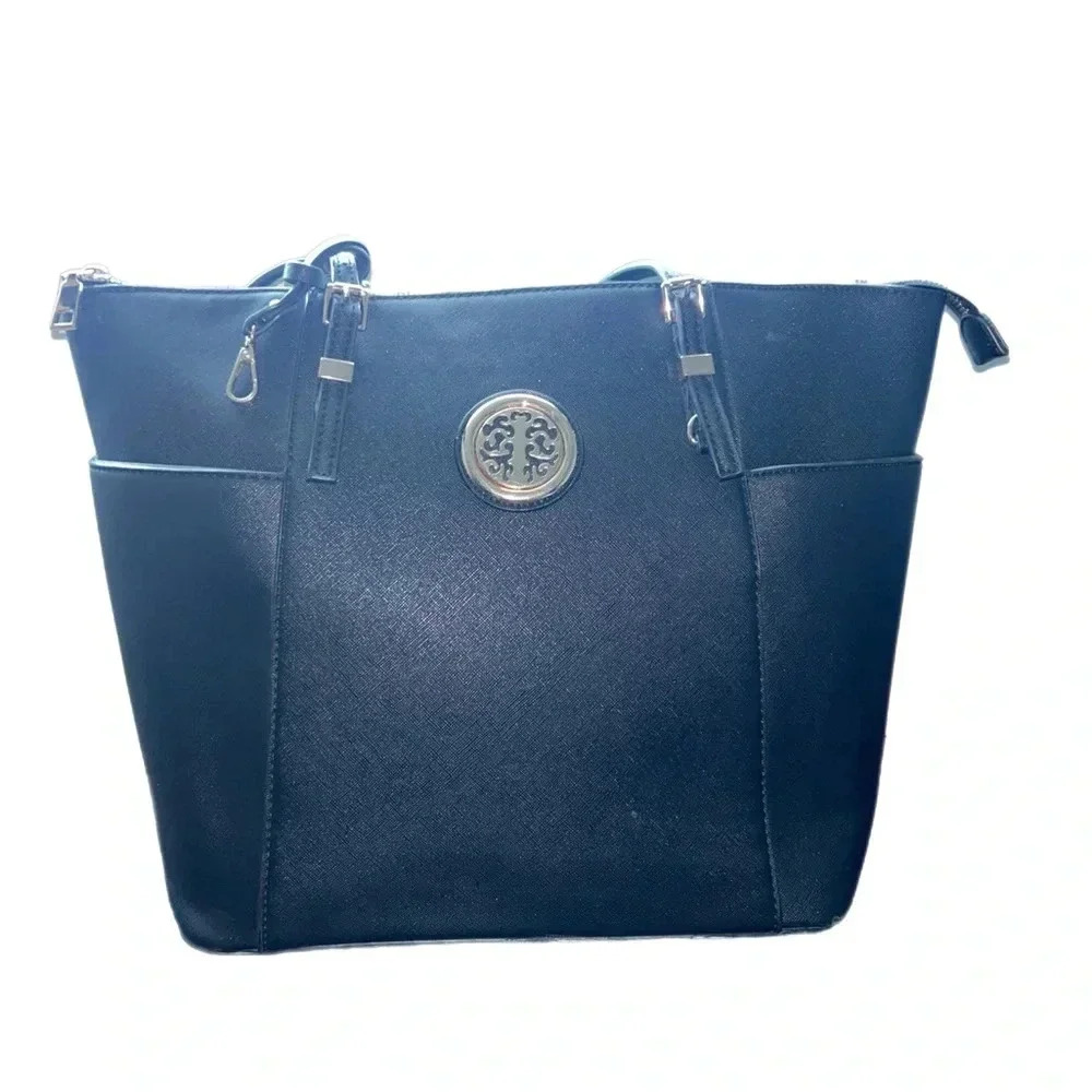Tree of Life Womens Black Lined Tote Bag 2 Handles Vegan Leather Lots Of Pockets